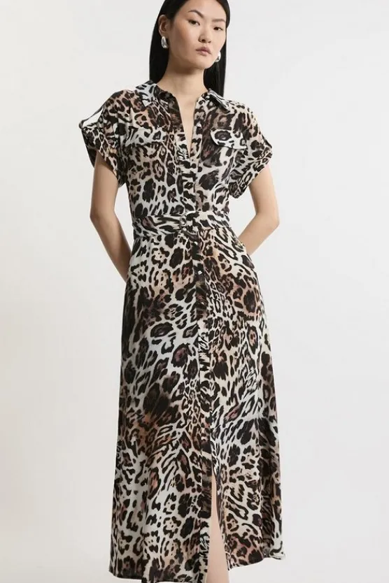 Karen Millen Petite Leopard Batik Printed Morocain Woven Midi Shirt Dress animal Hot