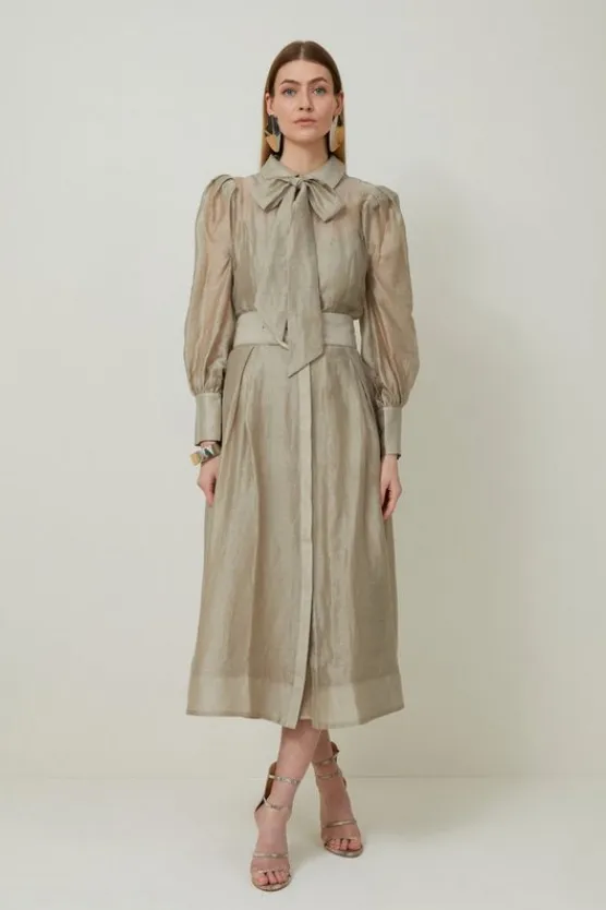 Karen Millen Petite Linen Blend Organdie Woven Pussybow Midaxi Dress champagne Outlet