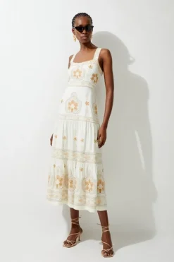 Karen Millen Petite Linen Embroidered Strappy Woven Midi Dress ivory Hot