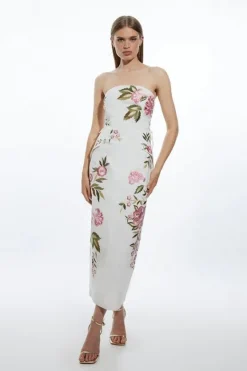 Karen Millen Petite Linen Embroidery Off The Shoulder Woven Dress natural Sale