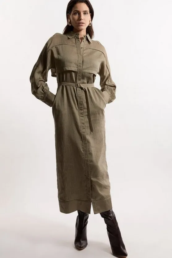 Karen Millen Petite Long Sleeve Slub Woven Midaxi Dress khaki Online