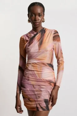 Karen Millen Petite Marble Printed Mesh Ruched Mini Dress multi Clearance