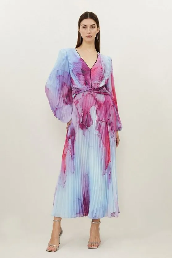 Karen Millen Petite Marble Printed Soft Pleated Woven Maxi Dress pink Discount