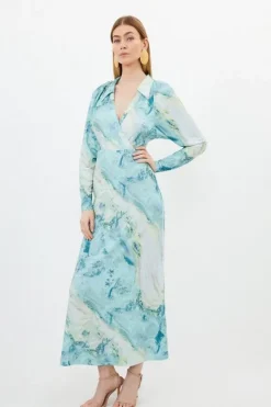 Karen Millen Petite Marble Print Jersey Shirt Midi Dress green Fashion