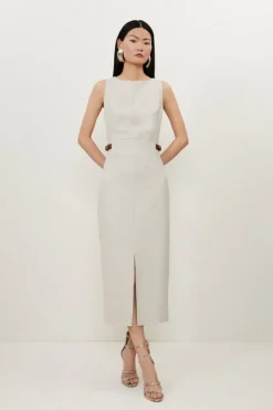 Karen Millen Petite Melange Tailored Pu Tab Detail Midi Dress natural Clearance