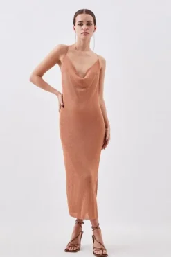 Karen Millen Petite Metallic Sparkle Cowl Neck Knit Midi Dress bronze Discount