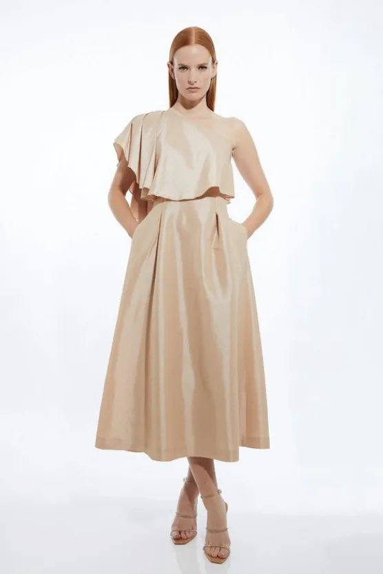 Karen Millen Petite Metallic Taffeta One Shoulder Ruffle Midi Dress champagne Discount