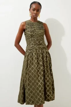 Karen Millen Petite Metallic Viscose Georgette Beaded Woven Maxi Dress khaki Fashion