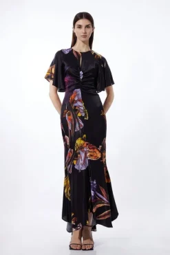 Karen Millen Petite Midnight Floral Satin Woven Angel Sleeve Maxi Dress black Online