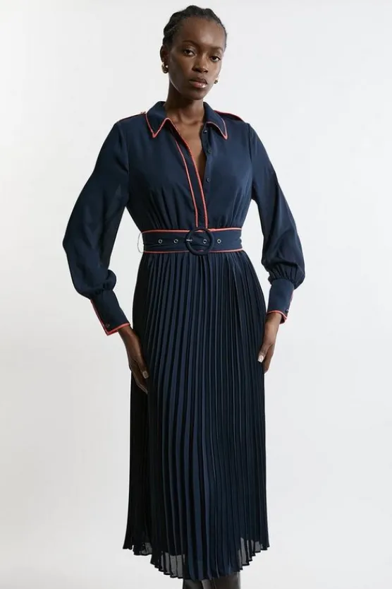 Karen Millen Petite Military Belted Woven Shirt Midaxi Dress navy Fashion