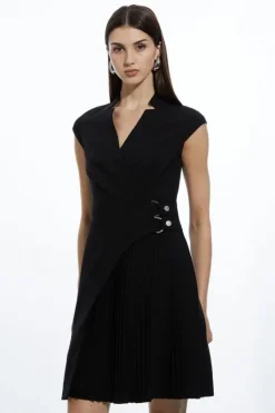 Karen Millen Petite Military Pleat Notch Neck Wrap Tailored Mini Dress black Best