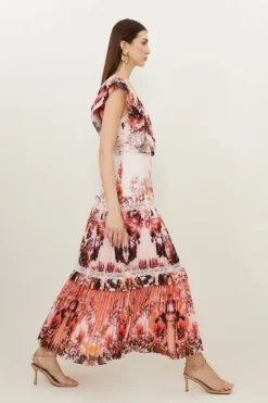Karen Millen Petite Mirrored Pleated Woven Sleeveless Maxi Dress floral Hot