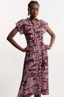 Karen Millen Petite Mixed Print Viscose Crepe Woven Midi Shirt Dress orange Outlet