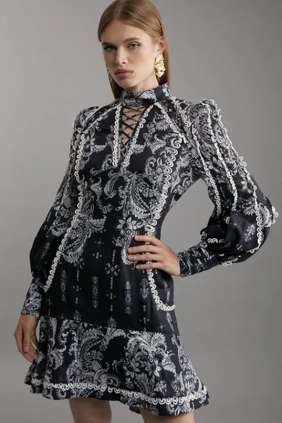 Karen Millen Petite Mono Floral Woven High Neck Mini Dress black Online