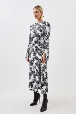 Karen Millen Petite Floral Woven Viscose Satin Midi Dress mono Clearance