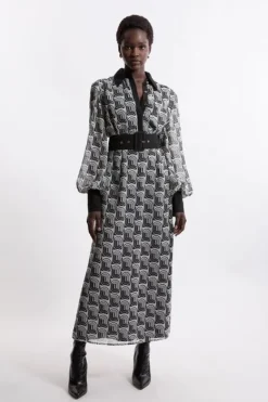 Karen Millen Petite Print Belted Woven Maxi Dress mono Clearance