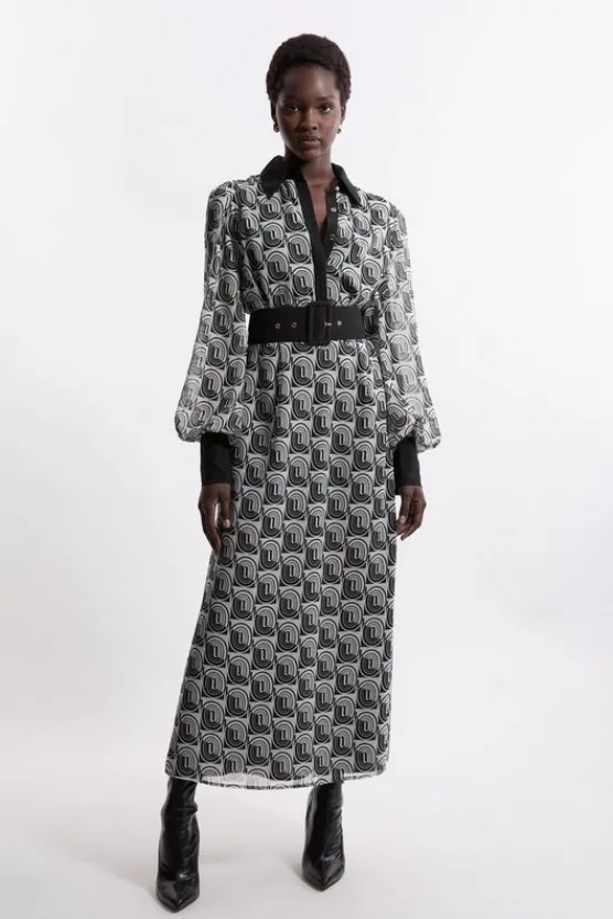 Karen Millen Petite Print Belted Woven Maxi Dress mono Clearance