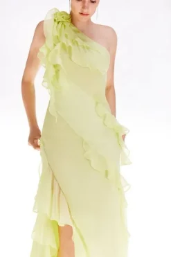 Karen Millen Petite Ooto Crinkle Viscose Rosette Detail Woven Split Front Maxi Dress lemon Hot