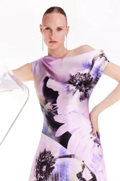 Karen Millen Petite Ooto Heavy Satin Woven One Shoulder Maxi Dress floral New