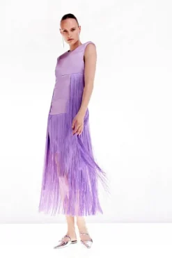 Karen Millen Petite Ooto Heavy Satin Fringed Woven Sleeveless Mini Dress lilac Discount