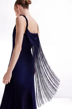 Karen Millen Petite Ooto Viscose Crepe And Satin Panelled Fringed Woven Strappy Maxi Dress navy New