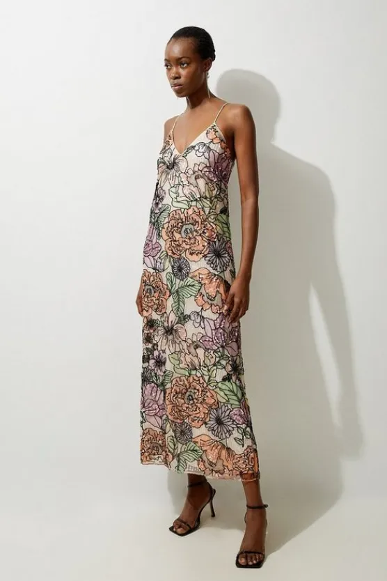 Karen Millen Petite Organdie Sequin & Beaded Woven Strappy Midaxi Dress multi New