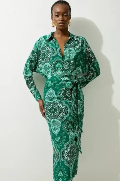 Karen Millen Petite Paisley Printed Morocain Woven Midi Shirt Dress green Hot