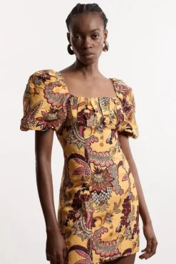Karen Millen Petite Paisley Viscose Linen Woven Puff Sleeve Mini Dress multi Fashion
