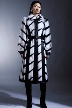 Karen Millen Petite Panelled Stripe Faux Fur Pu Belted Long Coat mono Best
