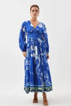 Karen Millen Petite Placed Floral Balloon Sleeve Silk Cotton Maxi Dess blue Best