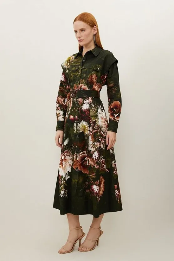 Karen Millen Petite Placed Cotton Sateen Shirt Dress floral Clearance