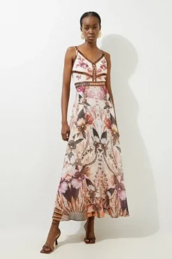 Karen Millen Petite Placed Floral Embroidered And Beaded Woven Strappy Maxi Dress multi Clearance