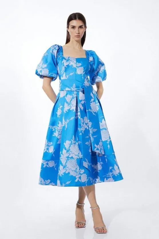 Karen Millen Petite Placed Jacquard Twill Woven Puff Sleeve Dress blue Discount