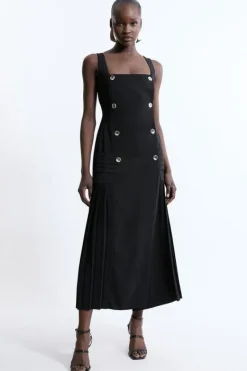 Karen Millen Petite Pleated Button Detail Strappy Woven Midi Dress black Hot