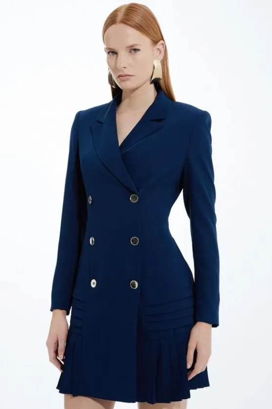 Karen Millen Petite Pleated Button Detailed Woven Mini Dress navy Discount