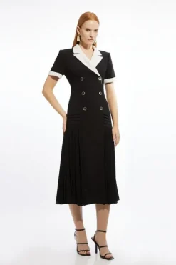 Karen Millen Petite Pleated Button Detailed Woven Midi Dress mono Hot