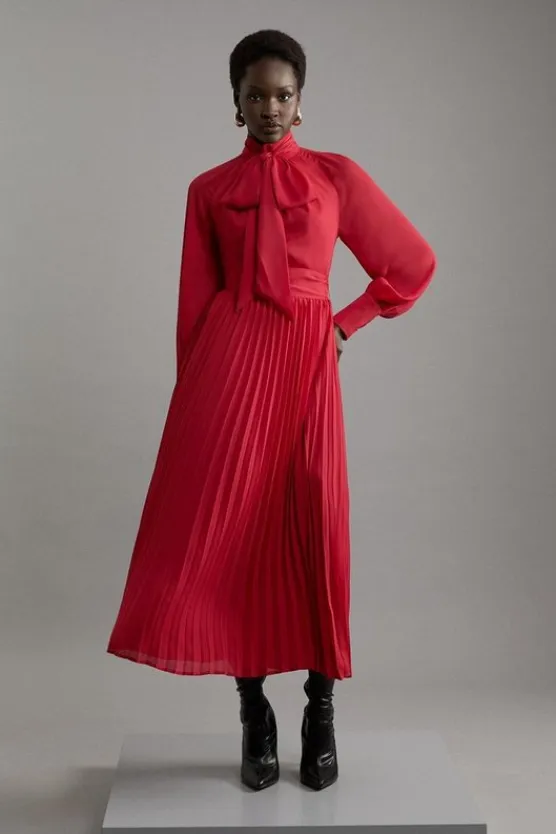Karen Millen Petite Pleated Tie Neck Woven Maxi Dress With Belt red Outlet