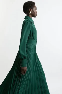 Karen Millen Petite Pleated Woven Maxi Shirt Dress With Belt forest Clearance