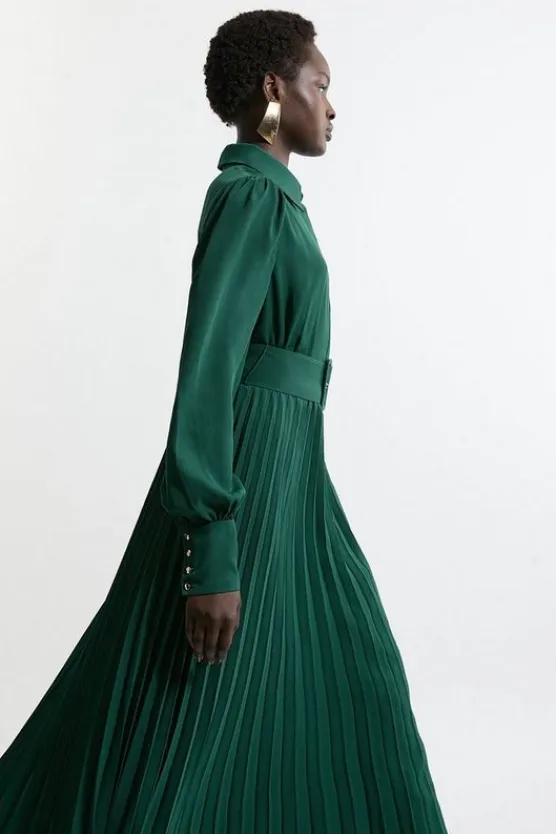 Karen Millen Petite Pleated Woven Maxi Shirt Dress With Belt forest Clearance
