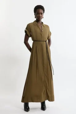 Karen Millen Petite Pleated Woven Viscose Midaxi Shirt Dress khaki Fashion