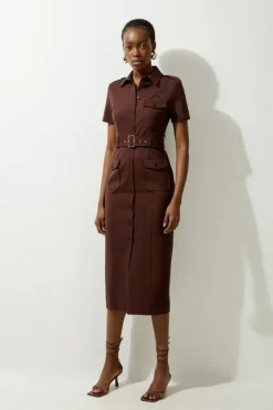 Karen Millen Petite Pocket Detail Ponte Jersey Short Sleeve Midi Dress chocolate Hot