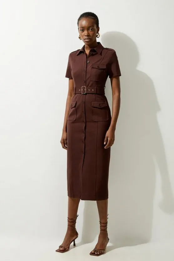 Karen Millen Petite Pocket Detail Ponte Jersey Short Sleeve Midi Dress chocolate Hot