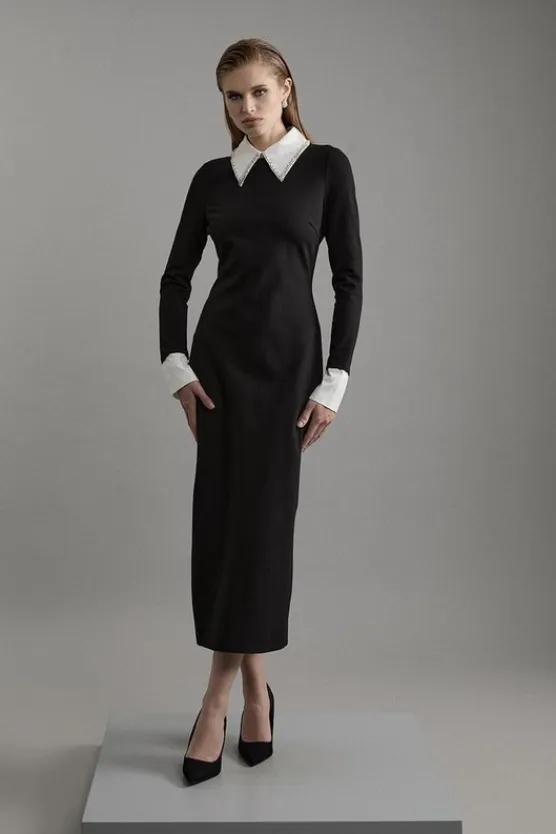 Karen Millen Petite Ponte Embellished Contrast Collar Fitted Maxi Dress mono Hot