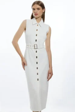Karen Millen Petite Ponte Jersey Hardwear And Pu Detail Midi Dress ivory Clearance
