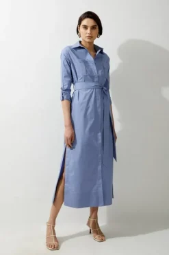 Karen Millen Petite Poplin Dropped Sleeve Woven Belted Shirt Dress blue Outlet