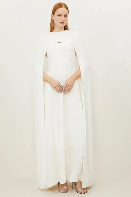 Karen Millen Petite Premium Bonded Crepe Detachable Cape Maxi Dress ivory Online