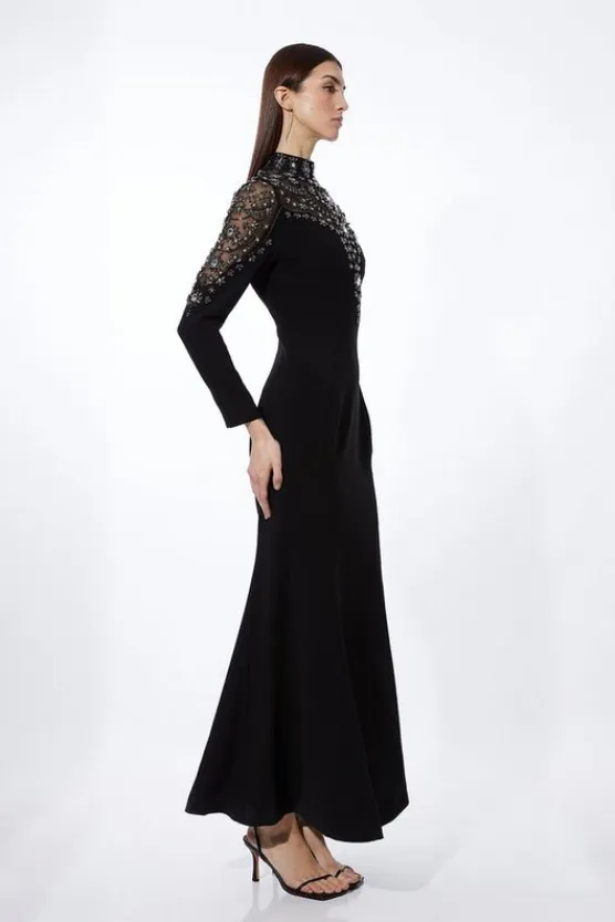Karen Millen Petite Premium Crystal Embellished Woven Maxi Dress black Outlet