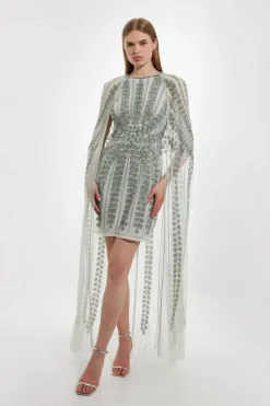 Karen Millen Petite Premium Embellished Cape Mini Dress sage Outlet
