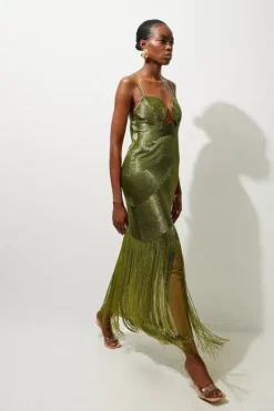 Karen Millen Petite Premium Embellished Draped Beaded Strappy Midi khaki Hot