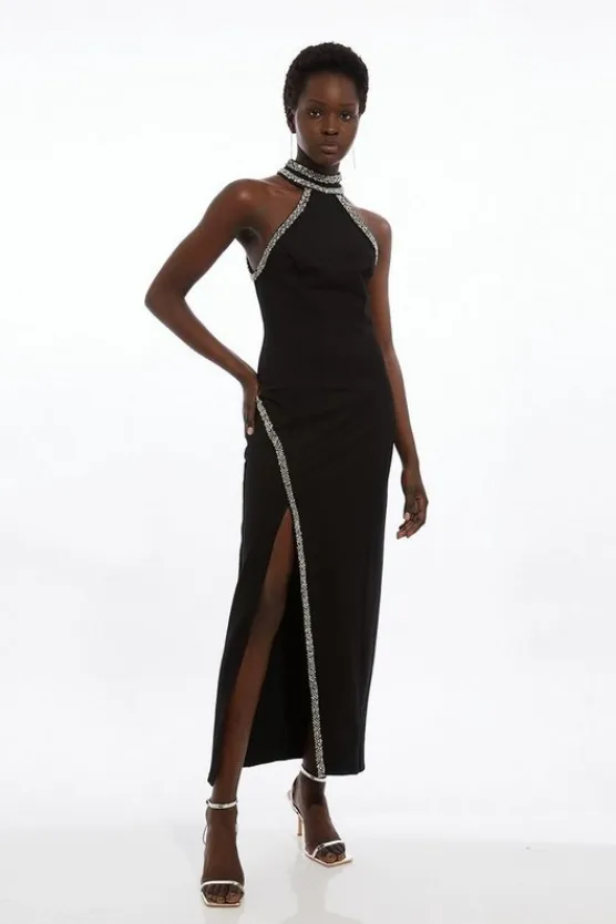 Karen Millen Petite Premium Embellished Ponte Jersey Midi Dress black Clearance
